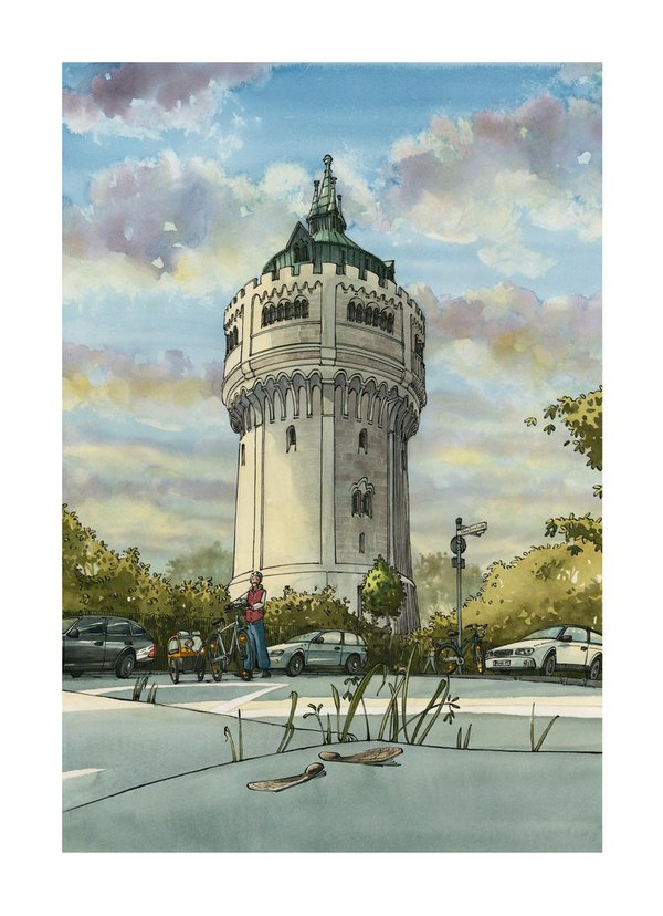 Limitierter Druck - Wasserturm Münster - Bild, Zeichnung